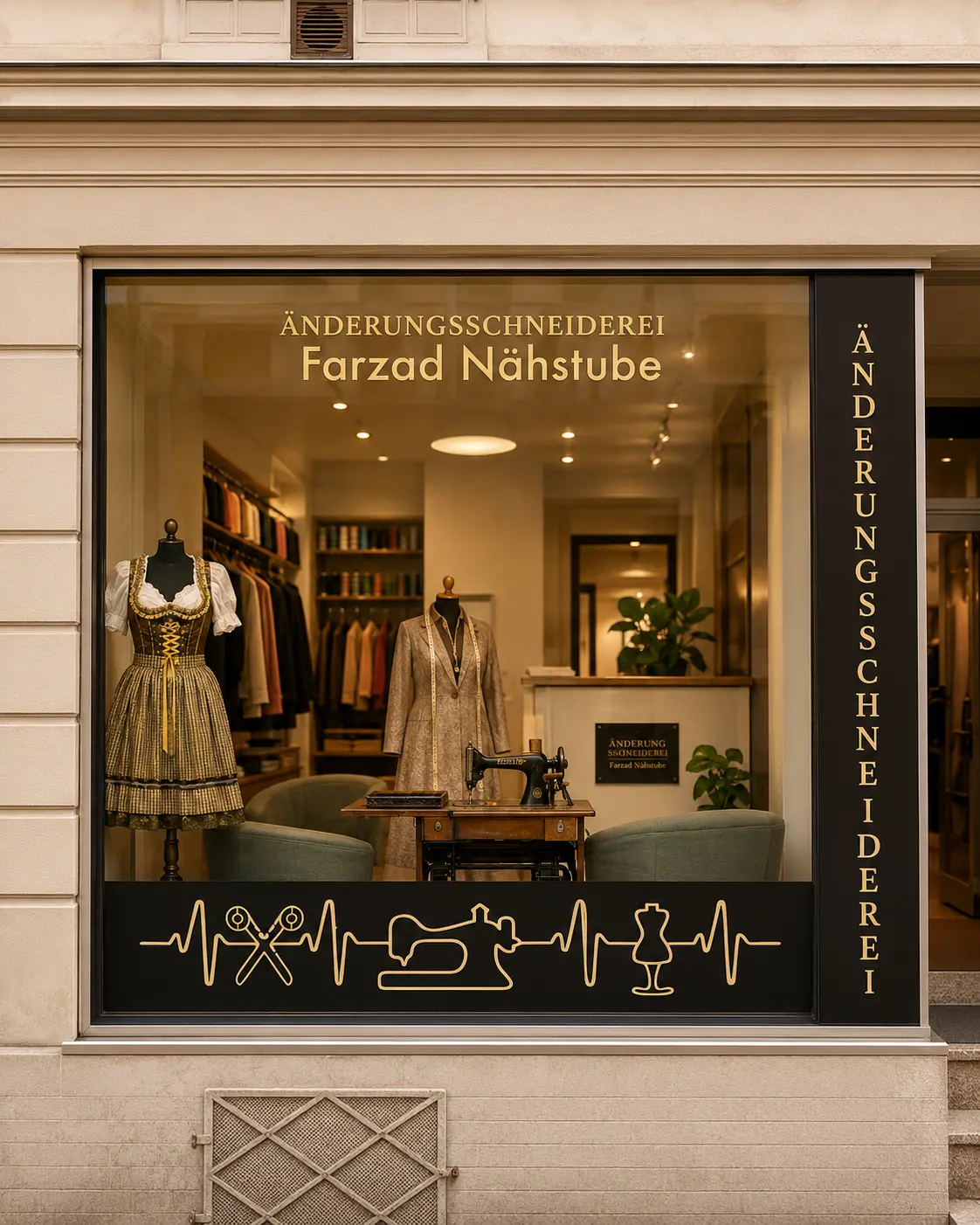 Schaufenster der Farzad Nähstube und Änderungsschneiderei